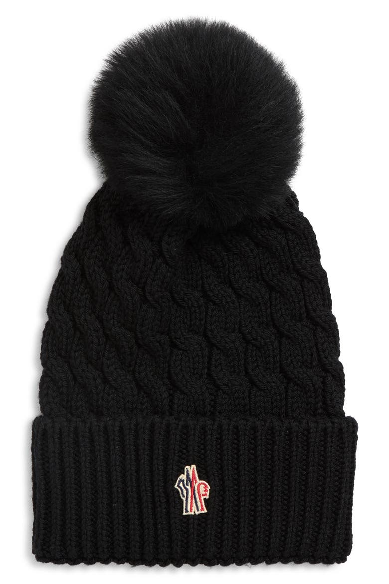 Après Ski Cable Knit Virgin Wool Beanie with Faux Fur Pompom, Main, color, BLACK
