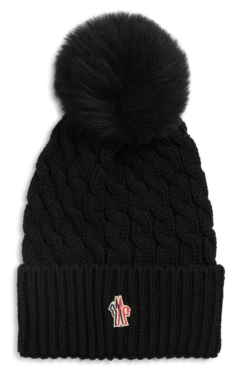 Moncler Après Ski Cable Knit Virgin Wool Beanie with Faux Fur Pompom, Main, color, Black