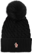 Moncler Après Ski Cable Knit Virgin Wool Beanie with Faux Fur Pompom
