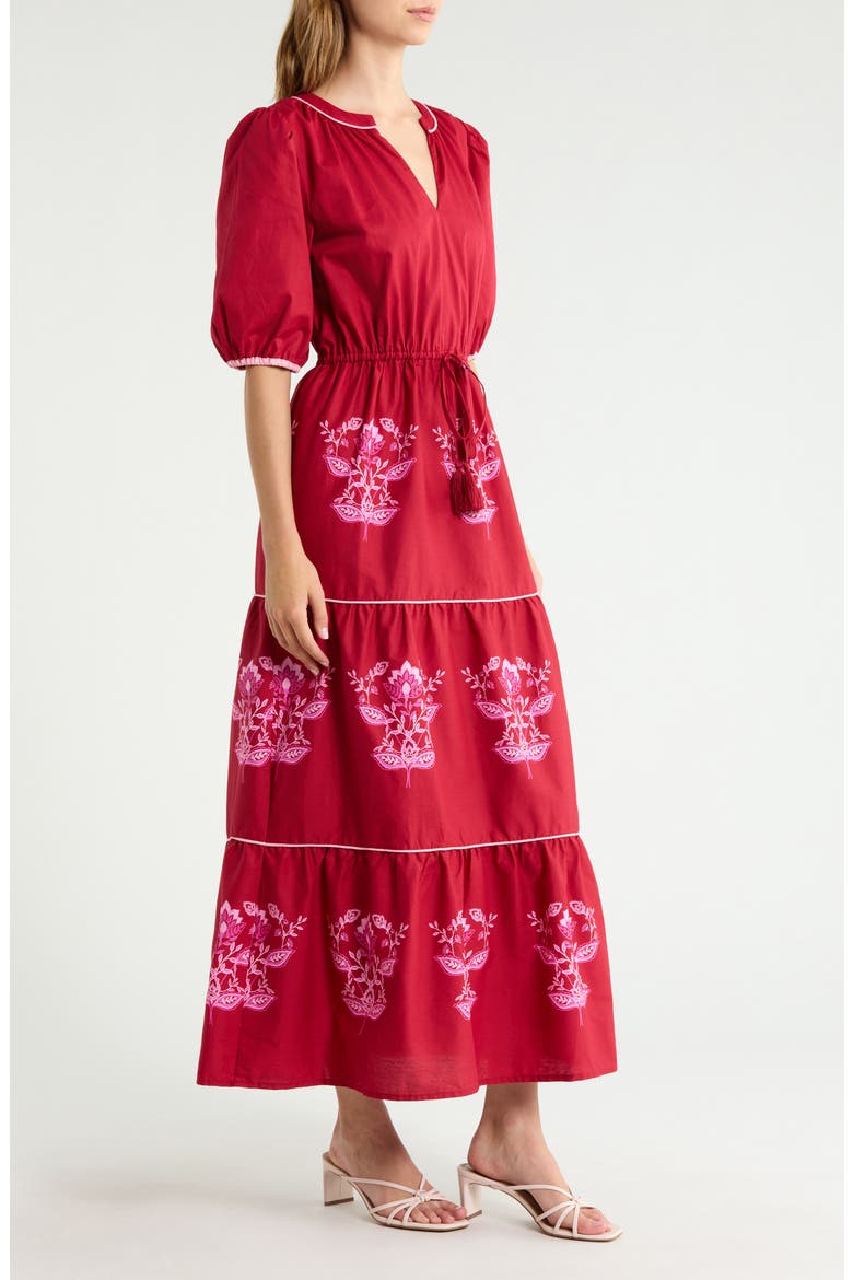 Vione Placed Floral Tiered Cotton Dress, Alternate, color, CHERRY-PINK