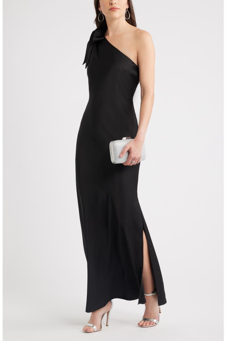 Bow One-Shoulder Maxi Dress, Alternate, color, BLACK