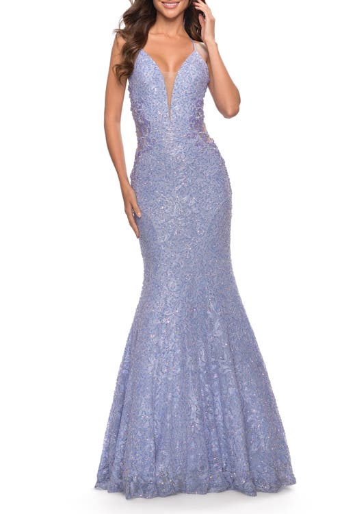 La Femme Mermaid Beaded Lace Prom Dress With Illusion Sides In Light Periwinkle
