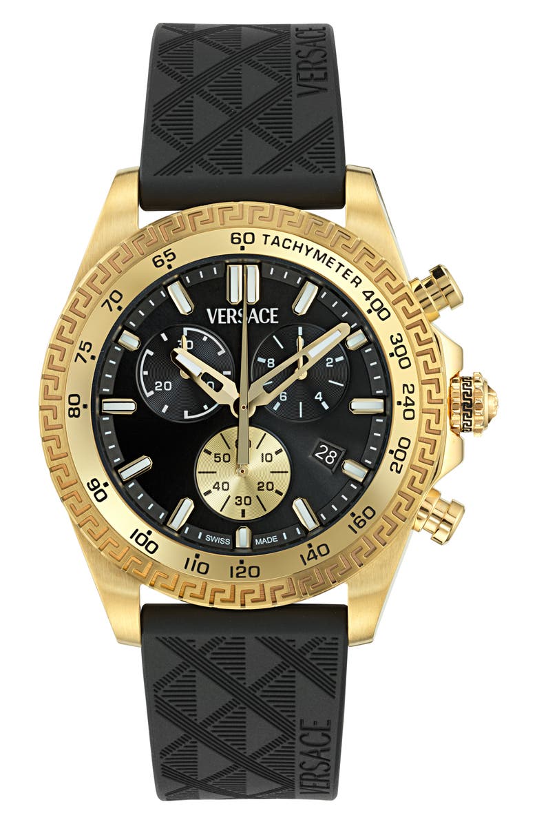 Versace Chrono X Chronograph Faux Leather Watch, 44mm, Main, color, Yellow Gold