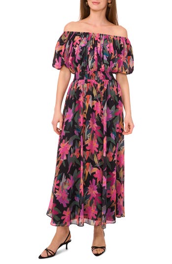 Vince Camuto Floral Off The Shoulder Puff Sleeve Maxi Dress In Black
