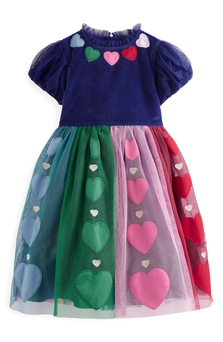 Mini Boden Kids' Heart Appliqué Velvet & Tulle Party Dress, Main, color, College Navy Hearts