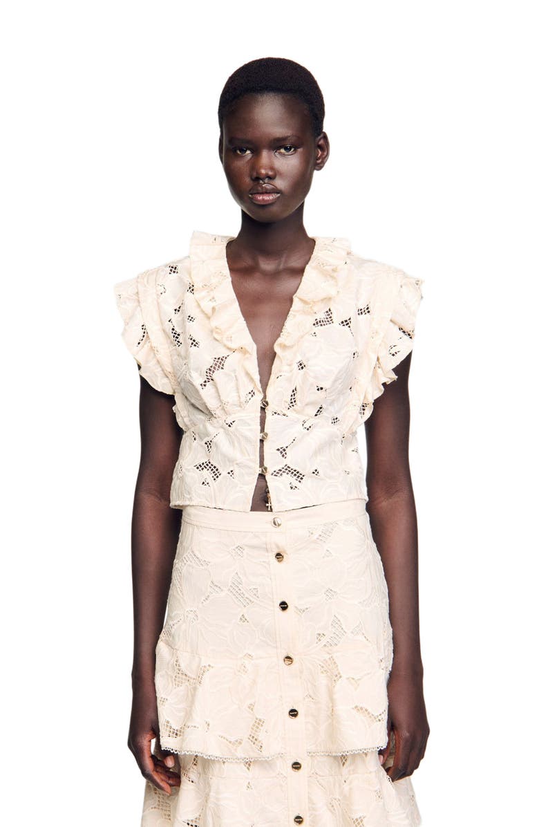 SANDRO Embroidered crop top, Alternate, color, Ecru