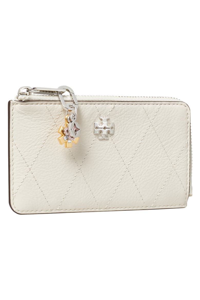 Charlie Quilted Zip Leather Card Case, Alternate, color, LIGHT CREAM / CHARMS