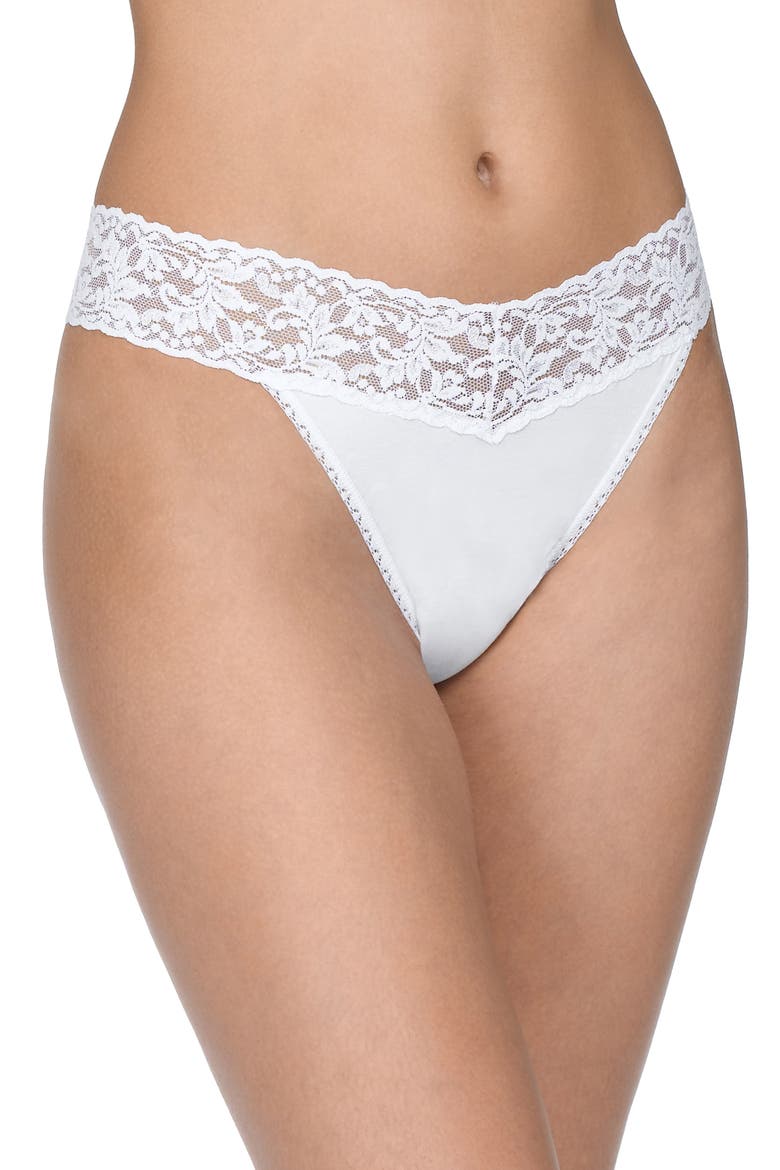 Cotton & Stretch Lace Original Rise Thong, Main, color, WHITE