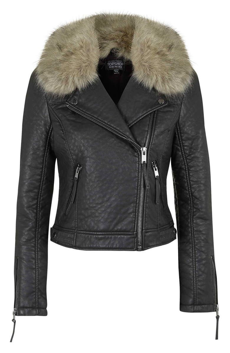 Topshop Faux Leather Moto Jacket with Removable Faux Fur Collar, Alternate, color, 