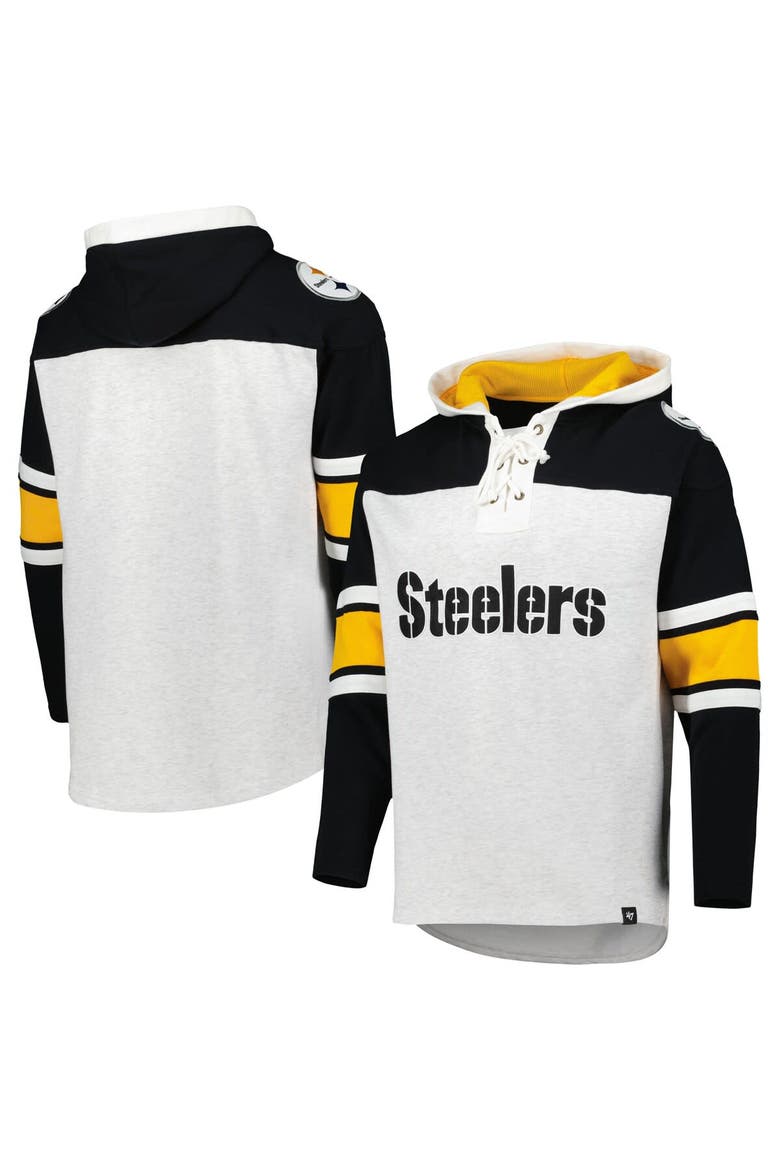 Men's '47 Pittsburgh Steelers Heather Gray Gridiron Lace-Up Pullover Hoodie, Main, color, Heather Gray
