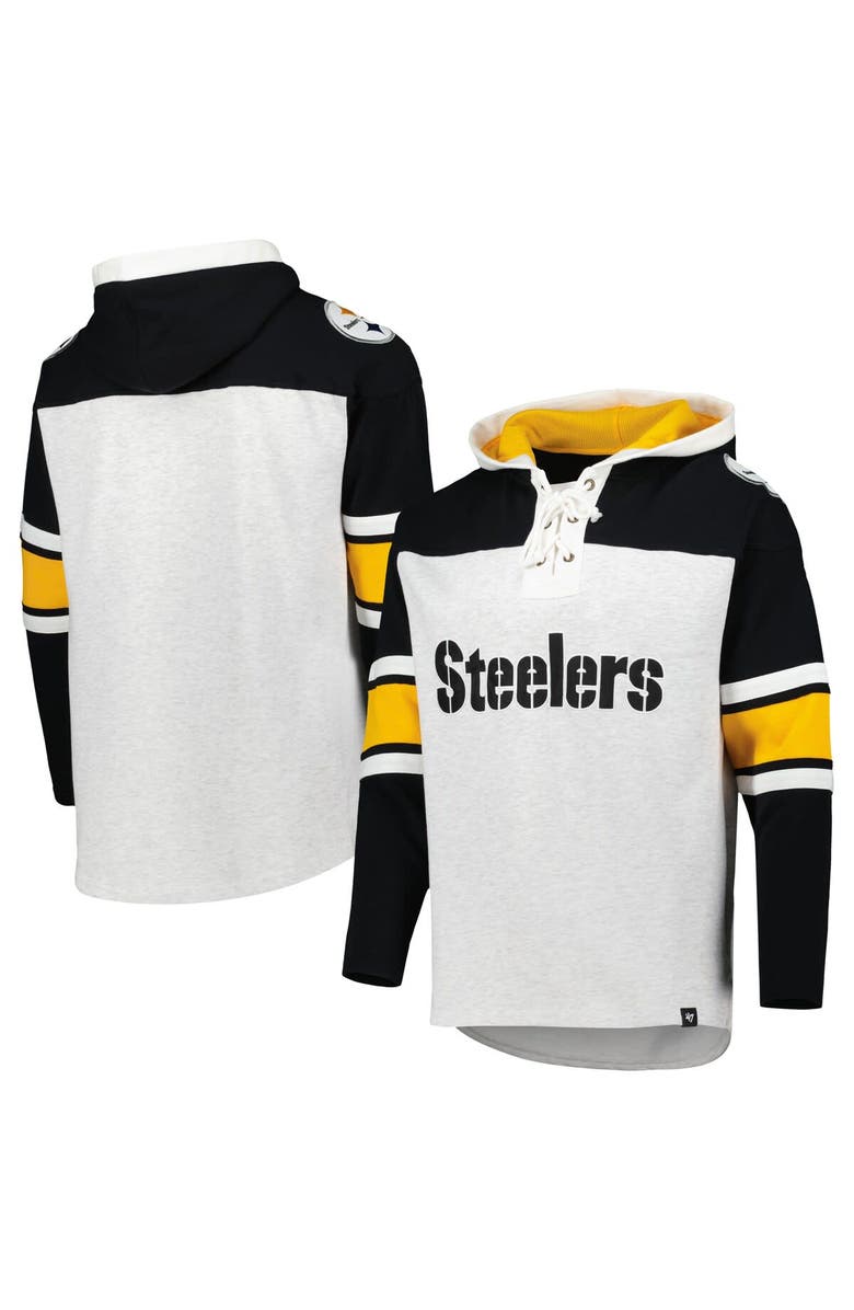 '47 Men's '47 Pittsburgh Steelers Heather Gray Gridiron Lace-Up Pullover Hoodie, Main, color, 