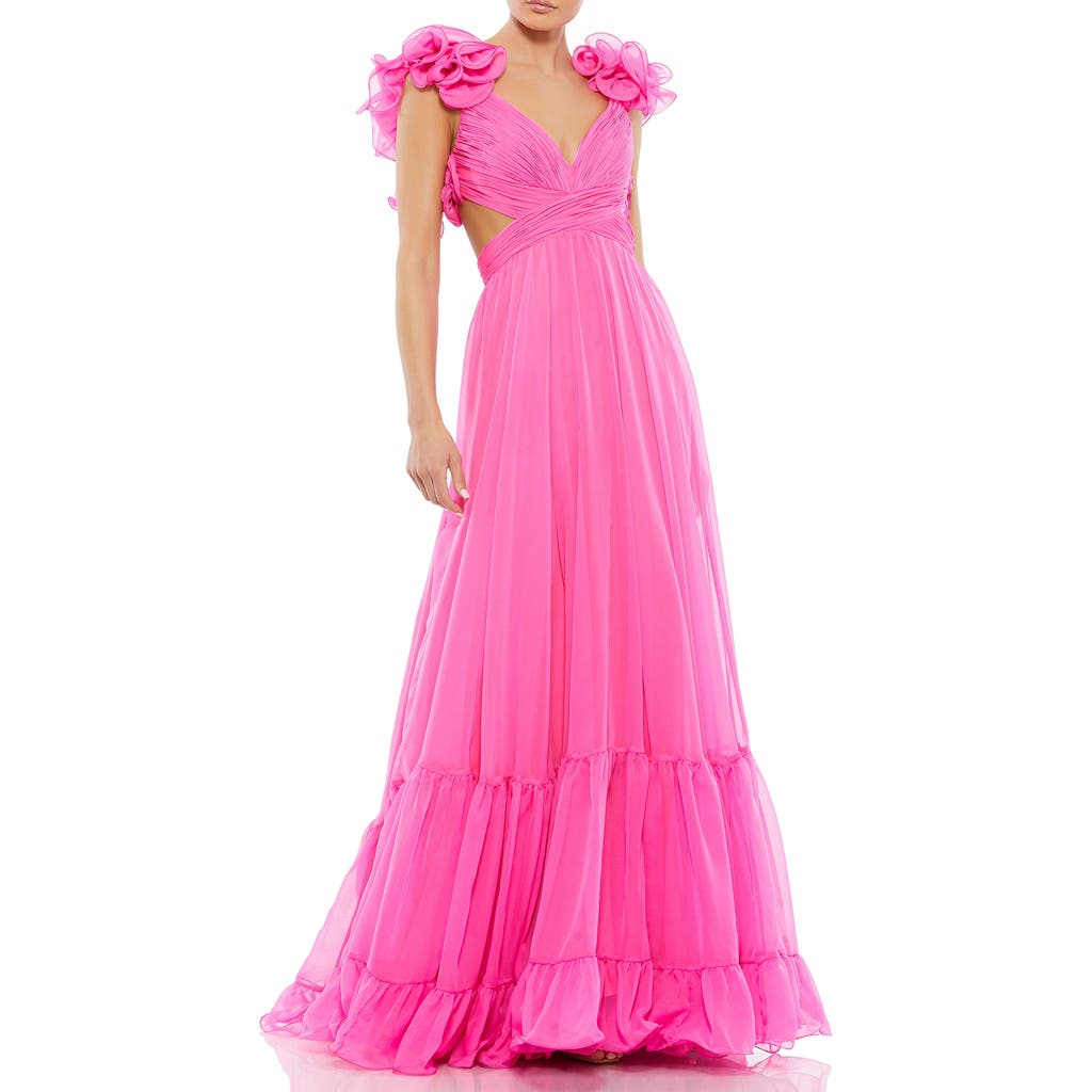 Mac Duggal Rosette Chiffon Cutout Empire Waist Gown In Hot Pink