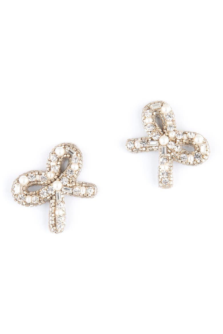 Elsa Bow Imitation Pearl Earrings, Main, color, SILVER