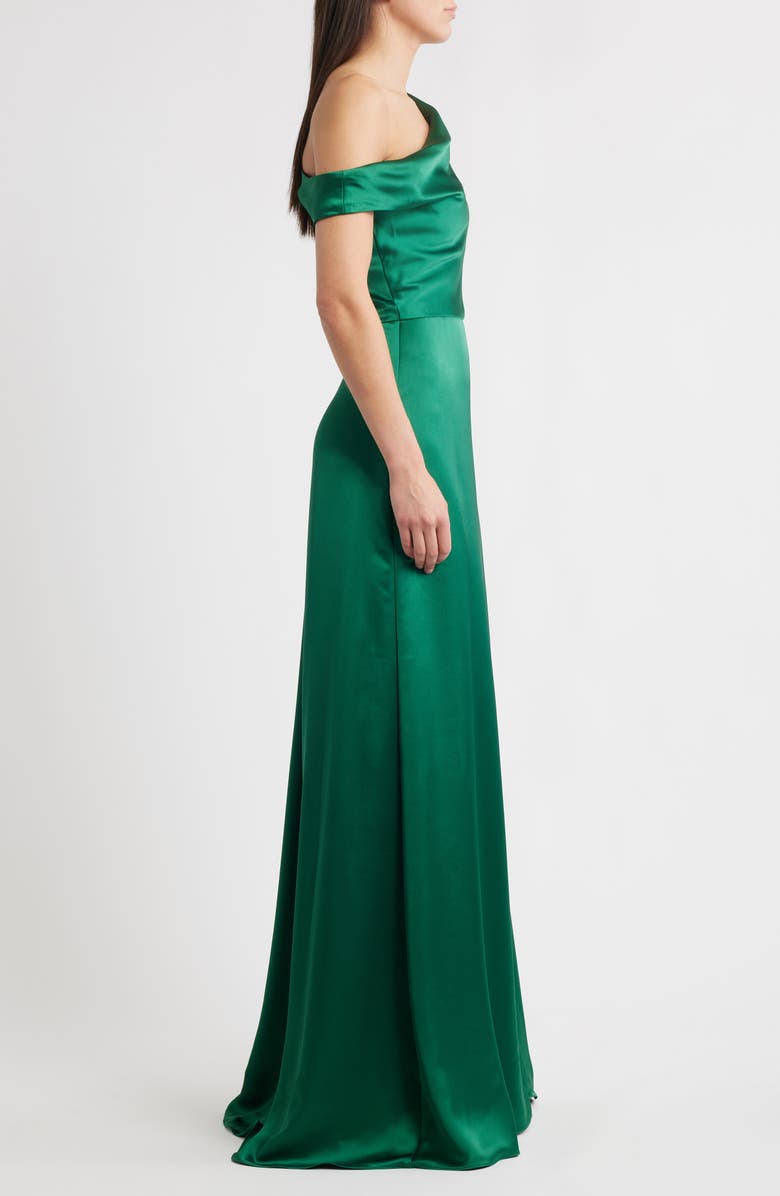 Amsale Alden One-Shoulder Satin Gown, Alternate, color, Emerald