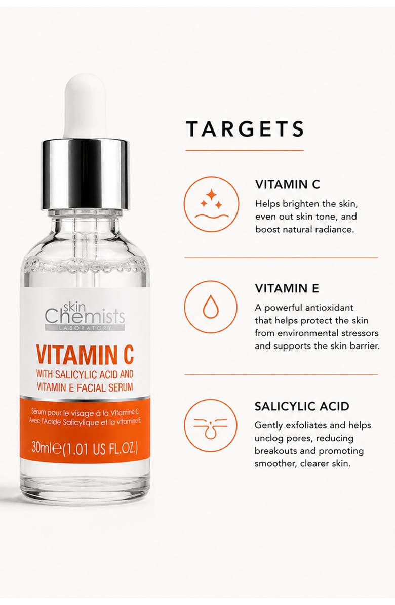 SKINCHEMISTS Anti-Ageing Vitamin C Salicylic Acid Facial Serum 30ml for Acne & Blemishes, Large Pores, Alternate, color, White