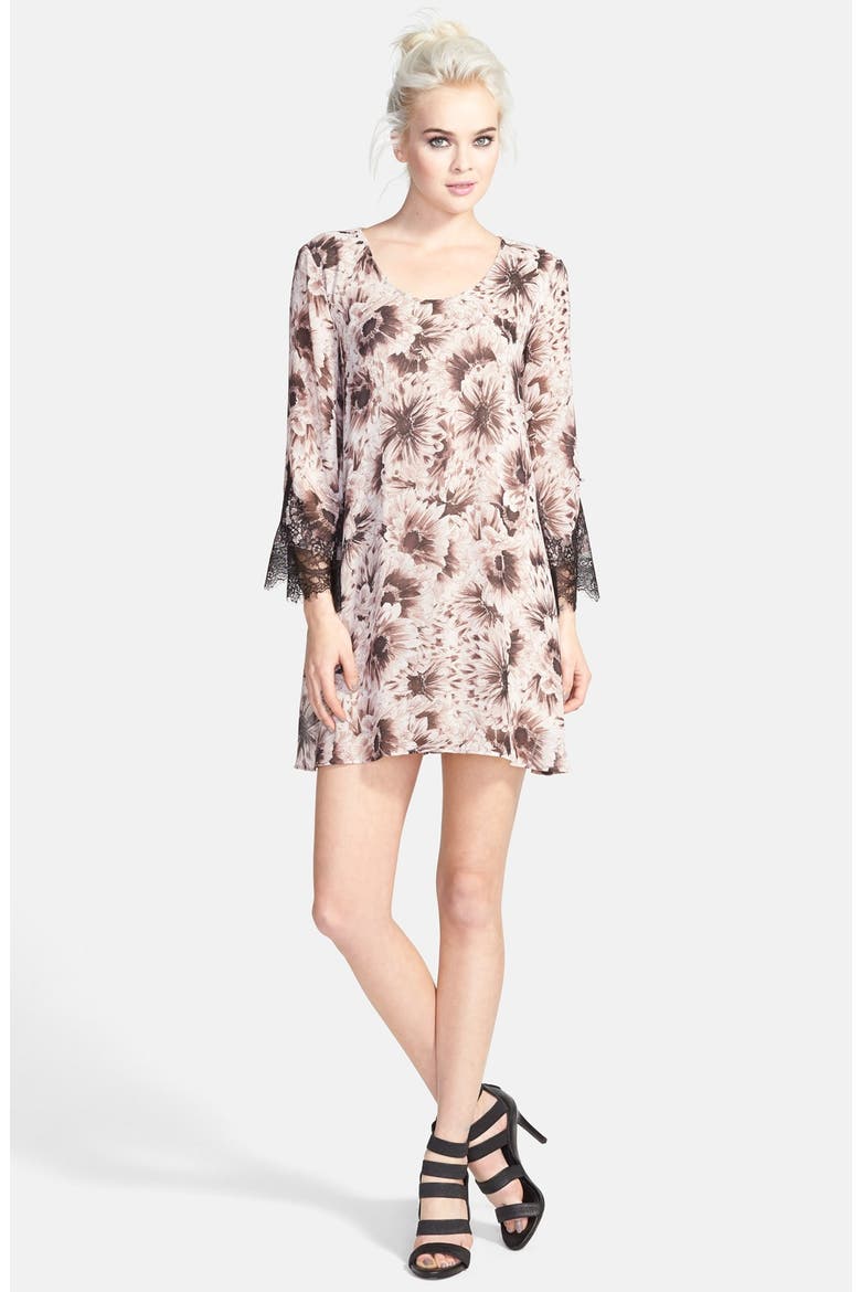 ASTR Lace Sleeve Shift Dress, Main, color, PLUM/ BLACK