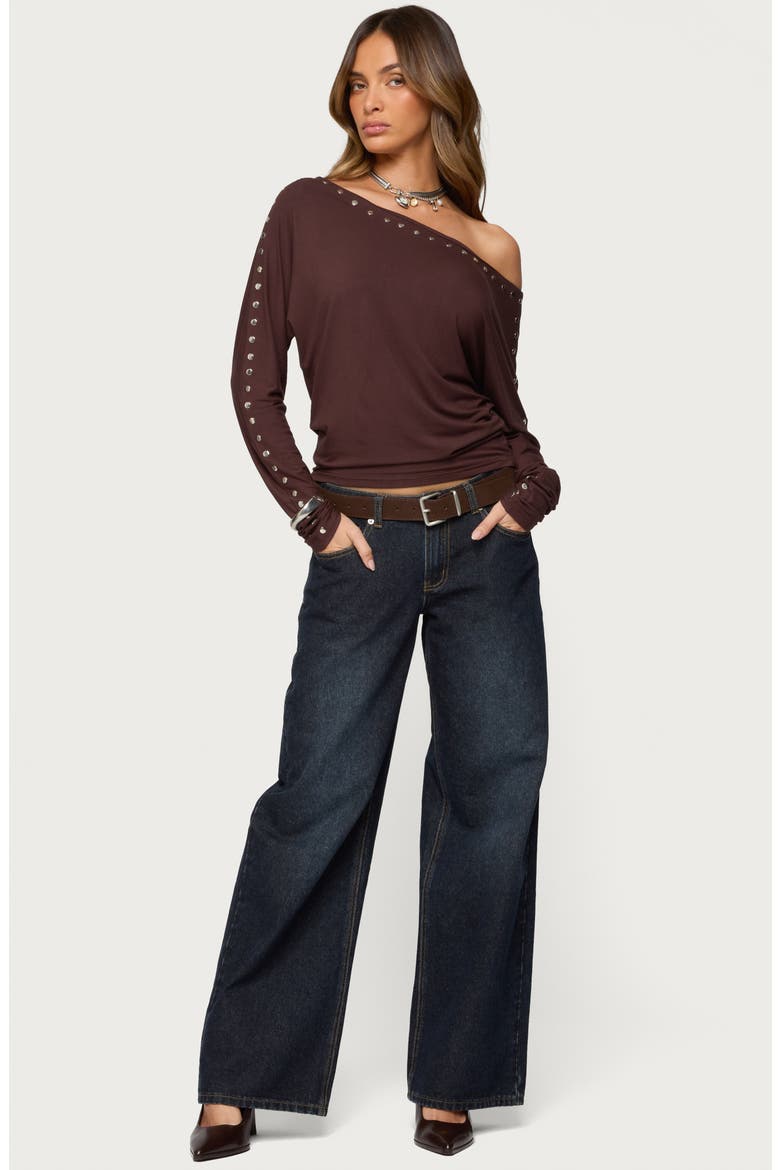 Paola Stud One-Shoulder Top, Alternate, color, BROWN