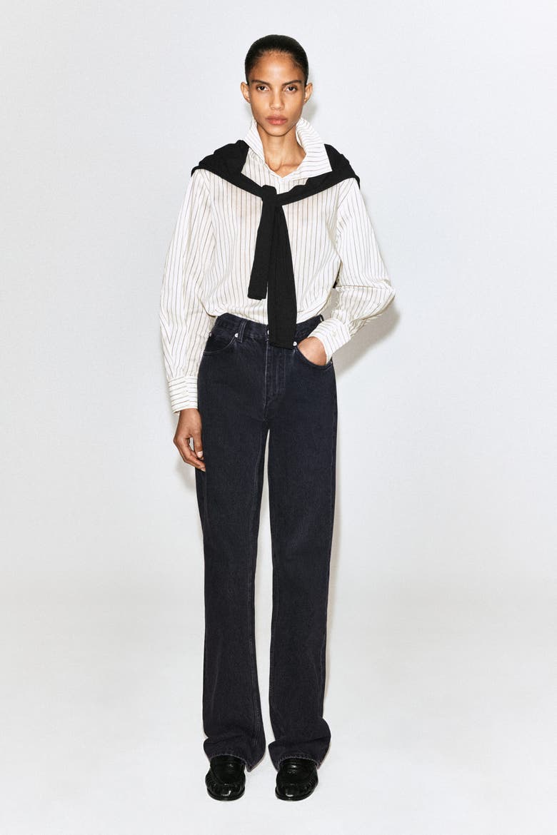 Striped Cotton-silk High-collar Shirt, Alternate, color, IVORY / BROWN / STRIPED