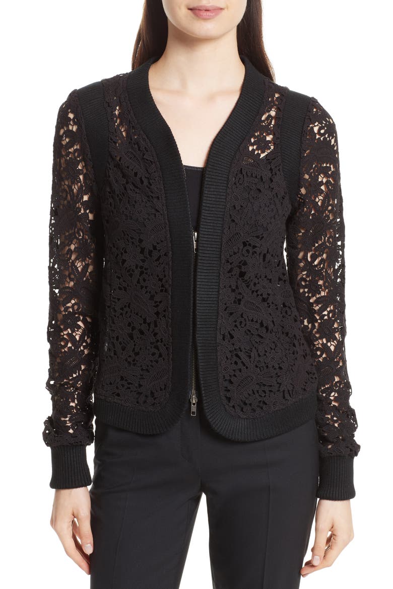 Lace Zip Cardigan, Main, color, BLACK