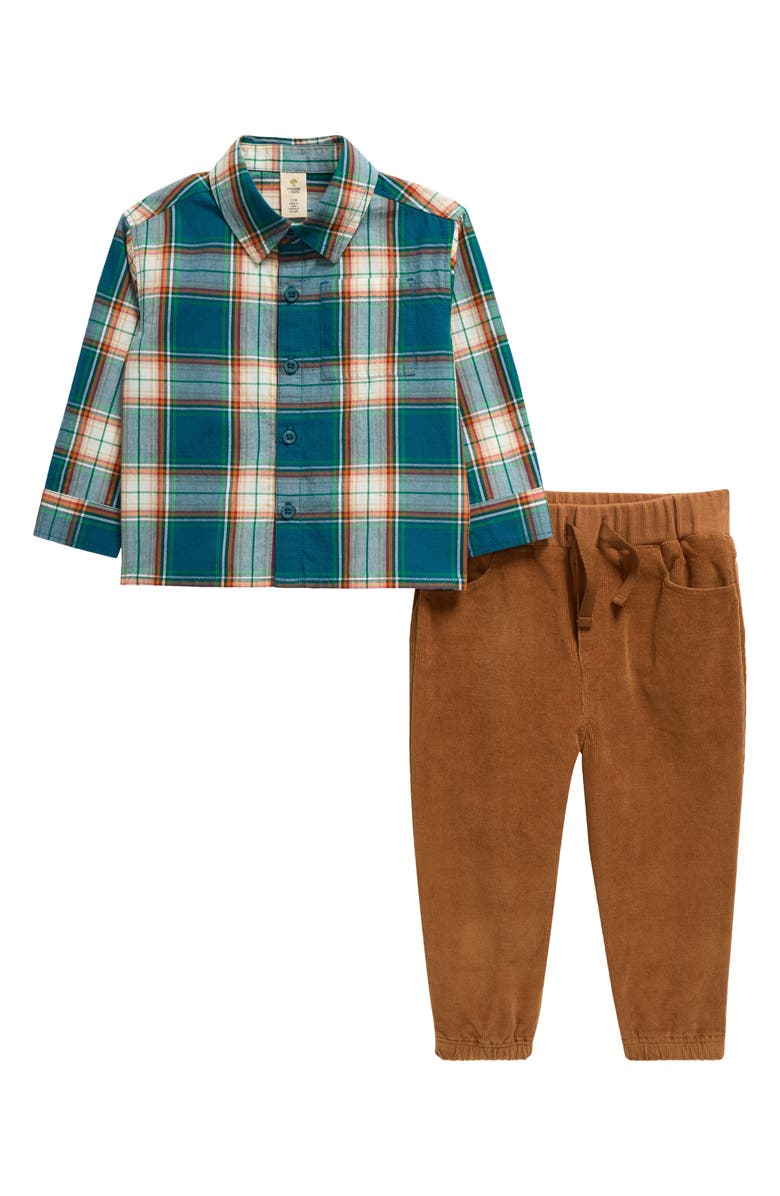 Tucker + Tate Plaid Button-Up Shirt & Corduroy Joggers Set, Main, color, Teal Feather Danny Plaid Brown