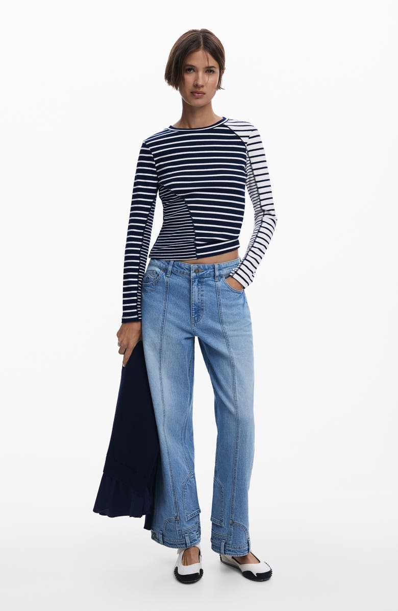 Desigual Mixed Stripe Long Sleeve Rib T-Shirt, Alternate, color, Black