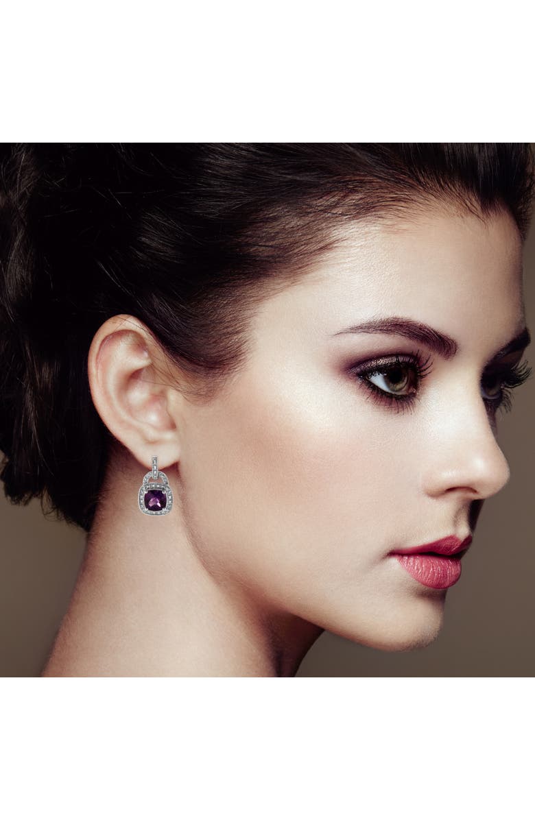 Haus of Brilliance Silver 8MM Natural Cushion Shaped Amethyst Diamond Accent Halo Dangle Earrings, Alternate, color, White