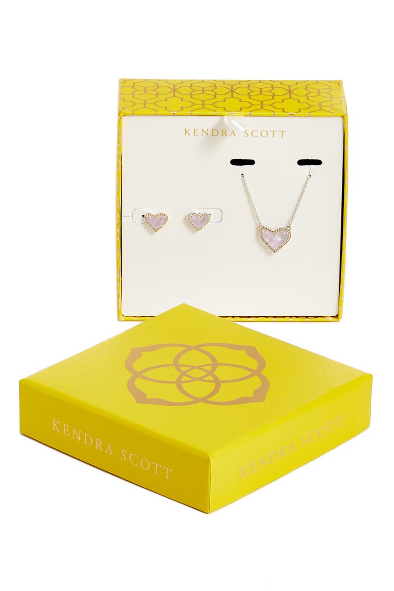 Ari Heart Pendant Necklace & Stud Earrings Set, Main, color, RHODIUM PURPLE AMETHYST