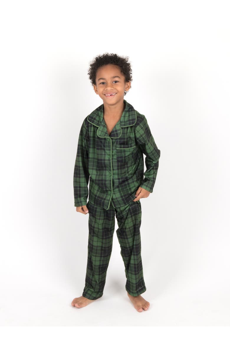 Leveret Kids Button-Front Flannel Printed Holiday Pajama Set, Alternate, color, Plaid Black & Green