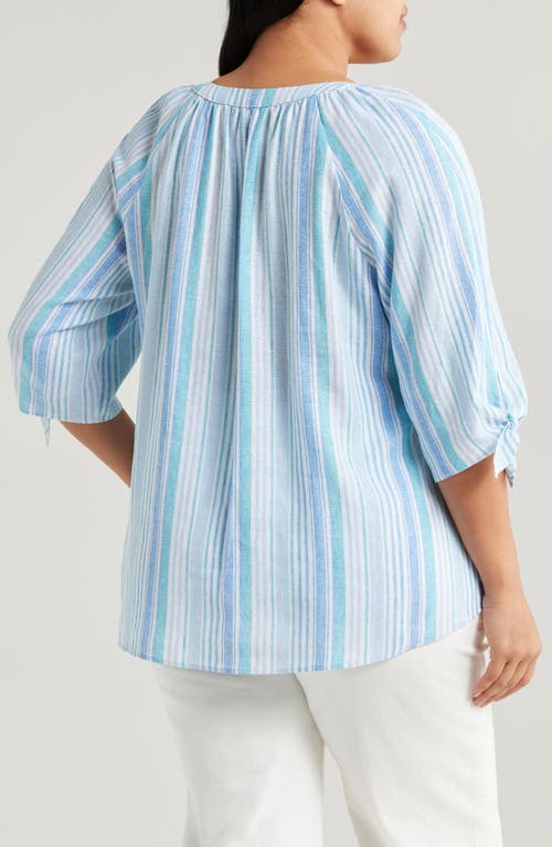 Jones New York Stripe Three Quarter Sleeve Linen Blend V-neck Top In Nyc White/turquoise