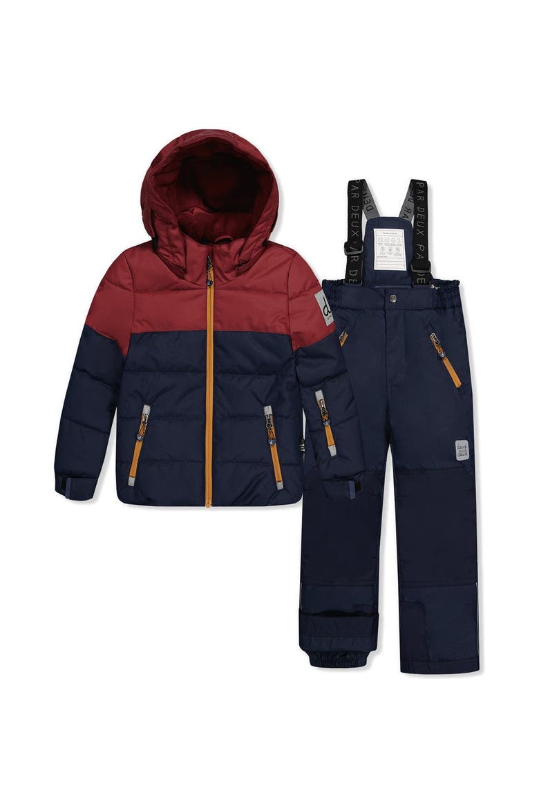Play Jacket & Pants Fleece Neckwarmer Two Piece Snowsuit, Main, color, Navy and Burgundy