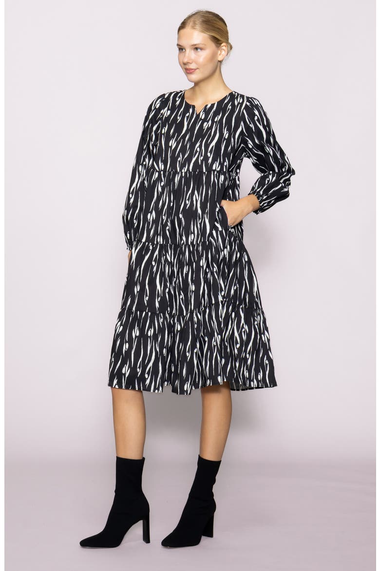 Poplin Tiered Long Sleeve Midi Dress, Alternate, color, BLACK IVORY