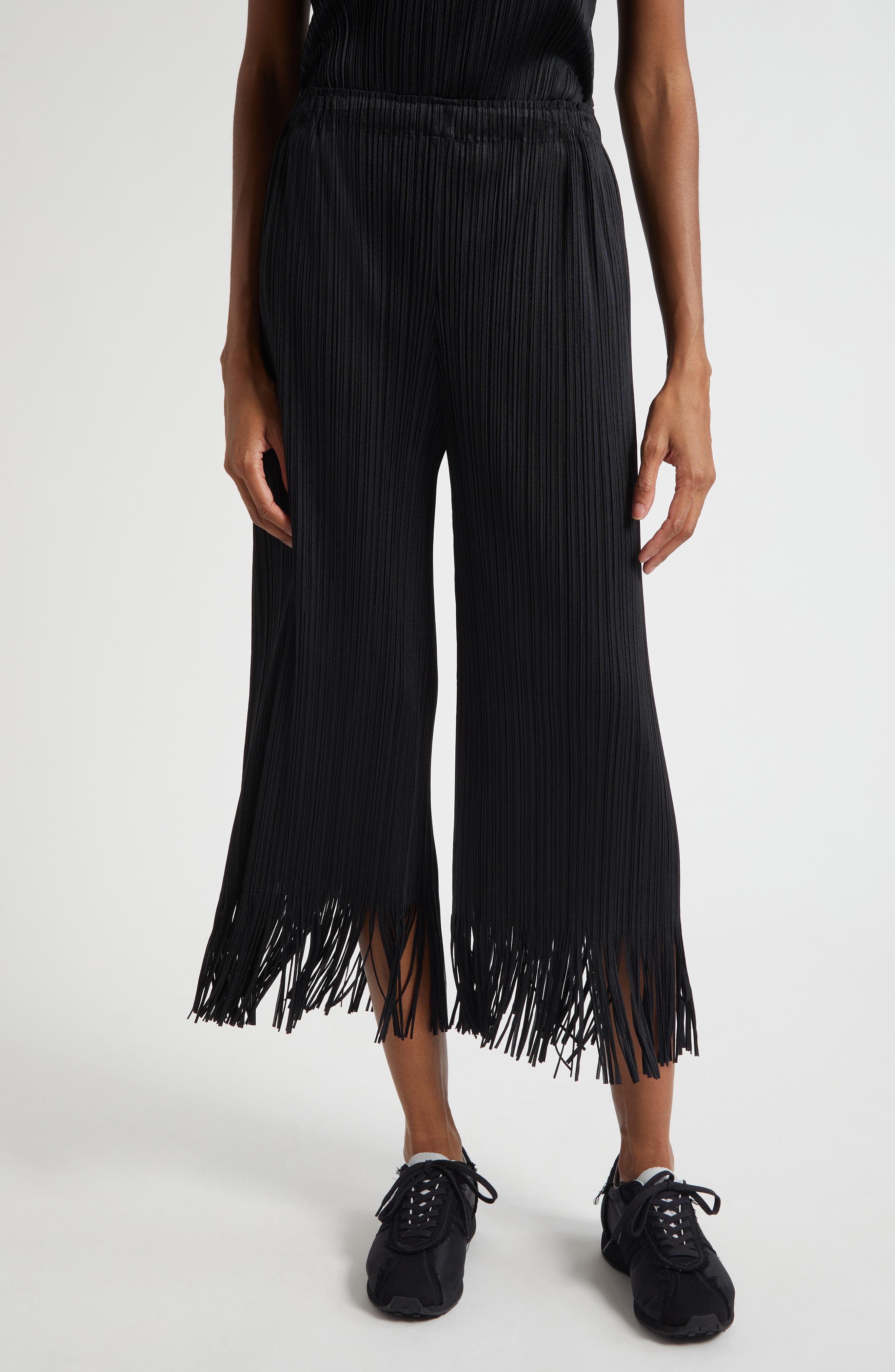 Pleats Please Issey Miyake Wave Pleated Fringe Trim Pants (Women