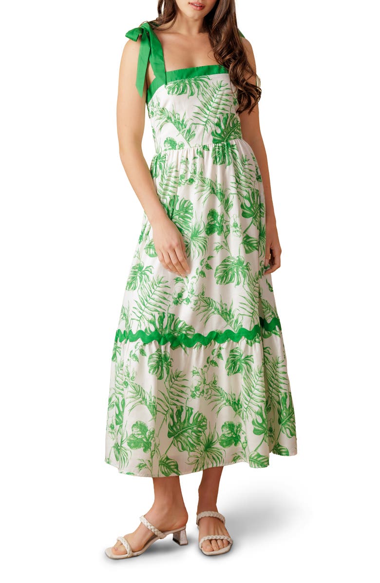 FLYING TOMATO Shoulder Tie Midi Dress, Main, color, Off White / Green
