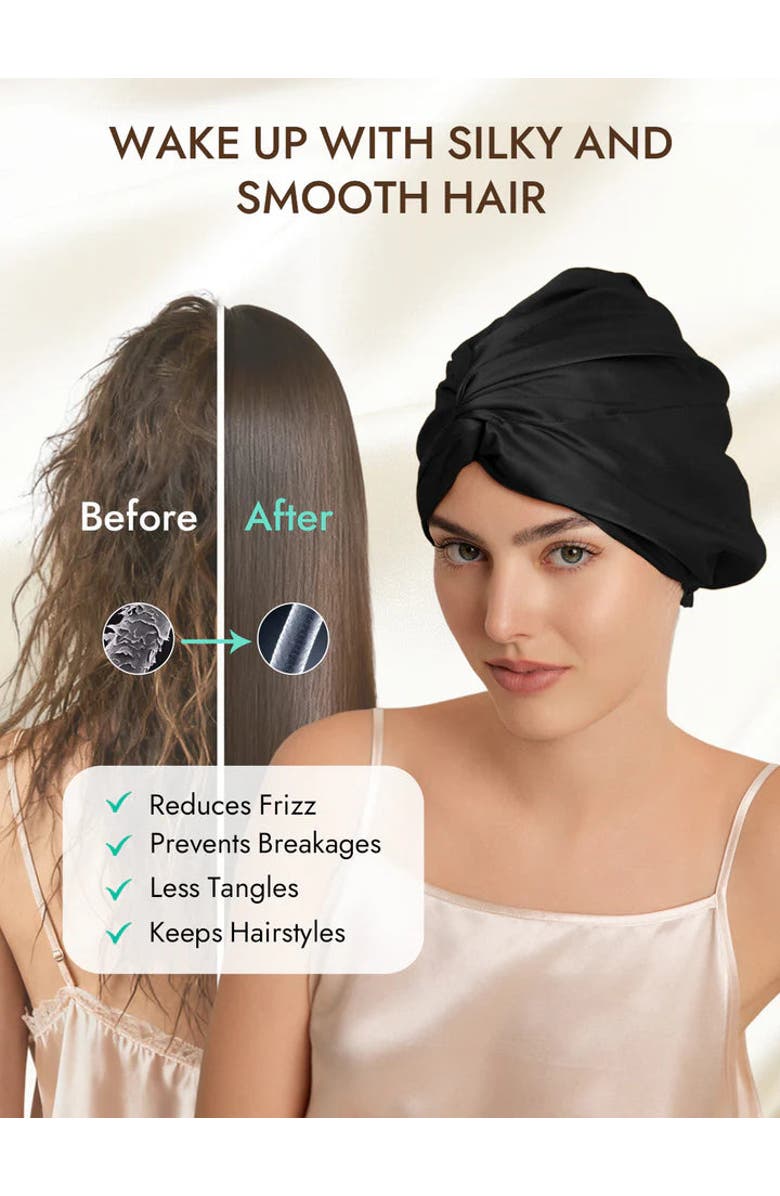 SILKSILKY 22Momme Pure Silk Knot Front Hair Bonnet with Adjustable Button Design, Alternate, color, Black