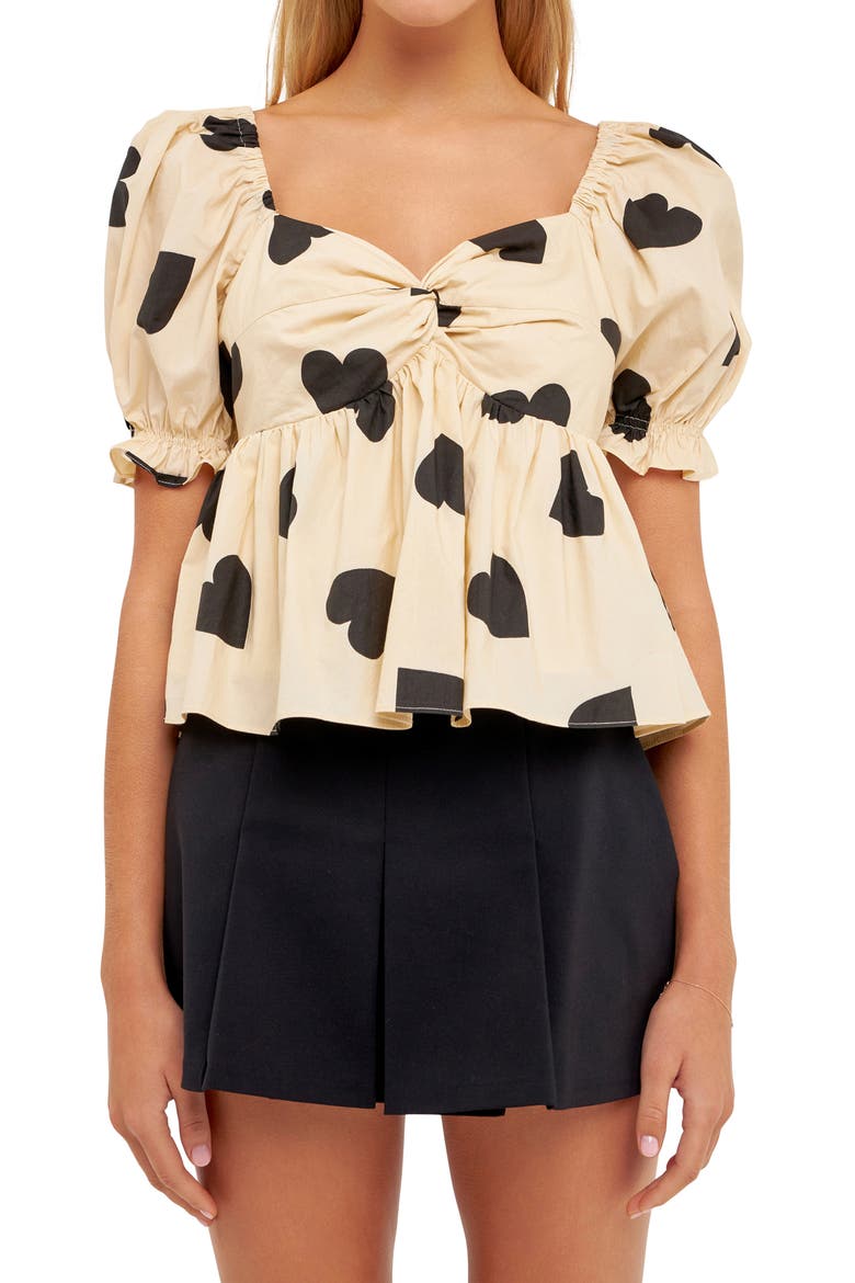 Heart Shape Puff Sleeve Top, Alternate, color, BEIGE/ BLACK