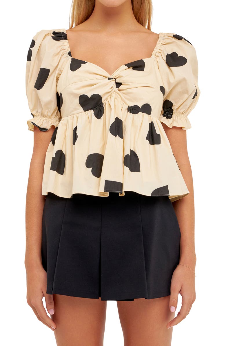 English Factory Heart Shape Puff Sleeve Top, Alternate, color, Beige/ Black