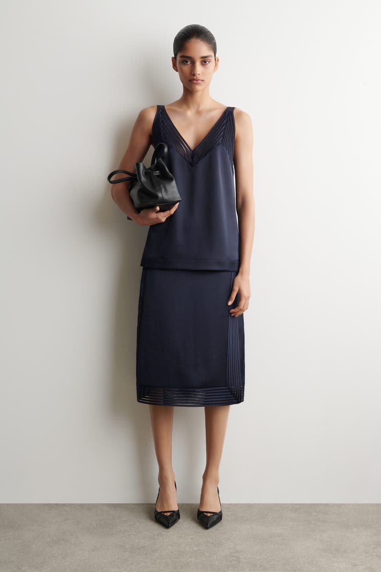 Open-stitch Satin Cami Top, Alternate, color, NAVY
