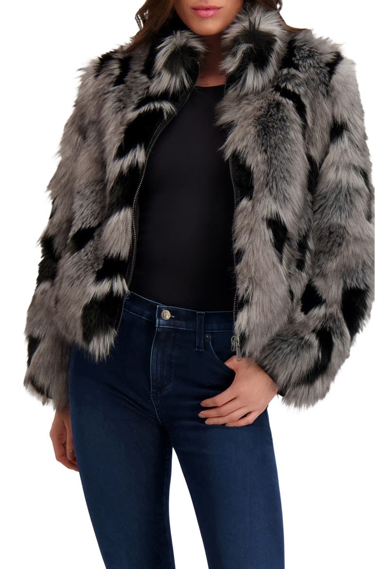 Fur-Free Fox (Faux Fur) Jacket, Stand Collar, Alternate, color, BLACK/GRAY