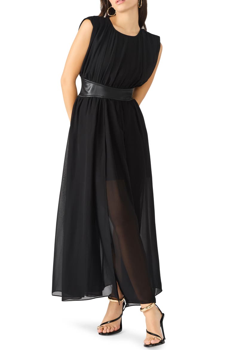 Issey Faux Leather Trim Maxi Dress, Main, color, BLACK