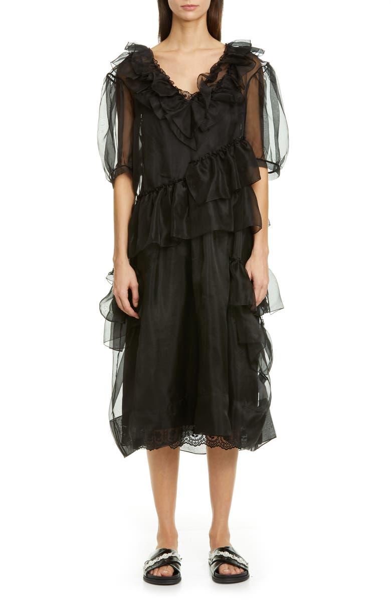 Simone Rocha Asymmetrical Ruffle Silk Organza Midi Dress, Main, color, 