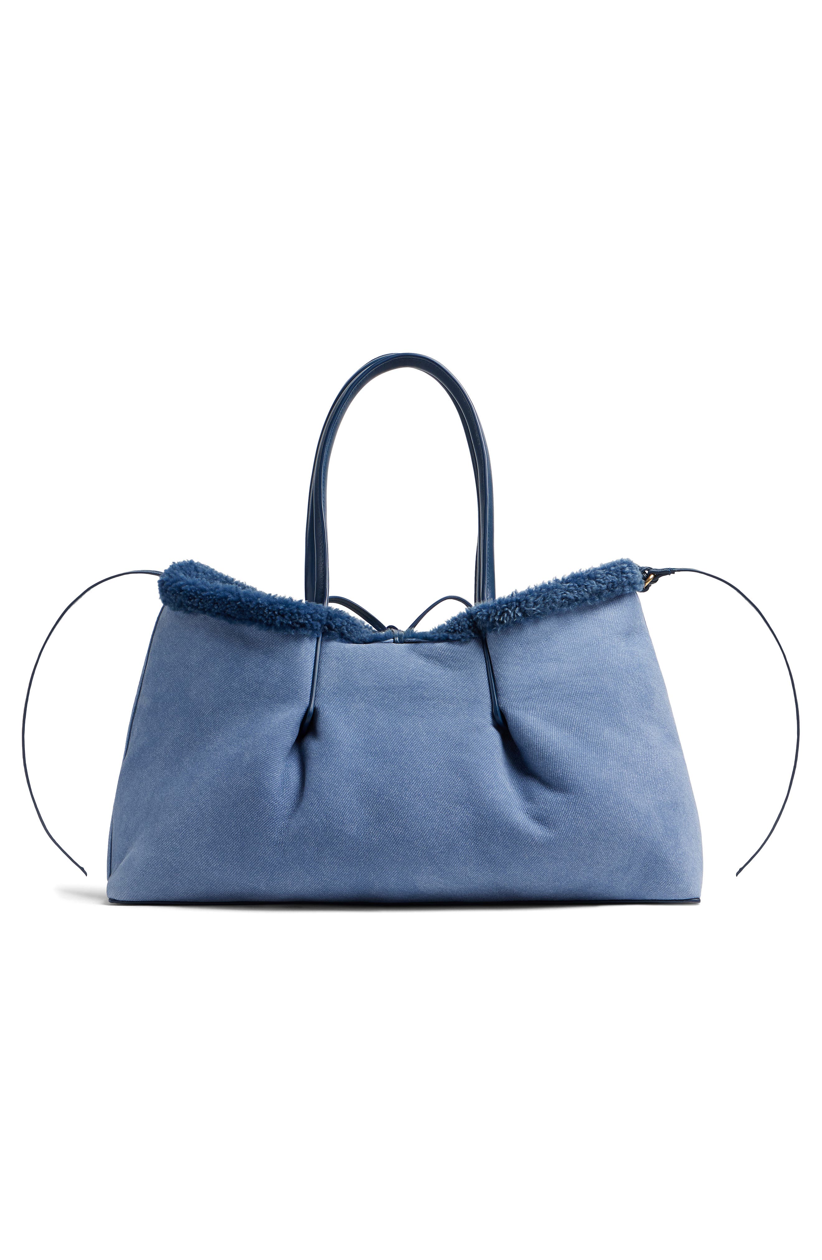 Bottega Veneta Pinacoteca Reversible Denim Print Suede & Genuine Shearling Tote, Alternate, color, 4314 Ocean/ Pacific-Mb