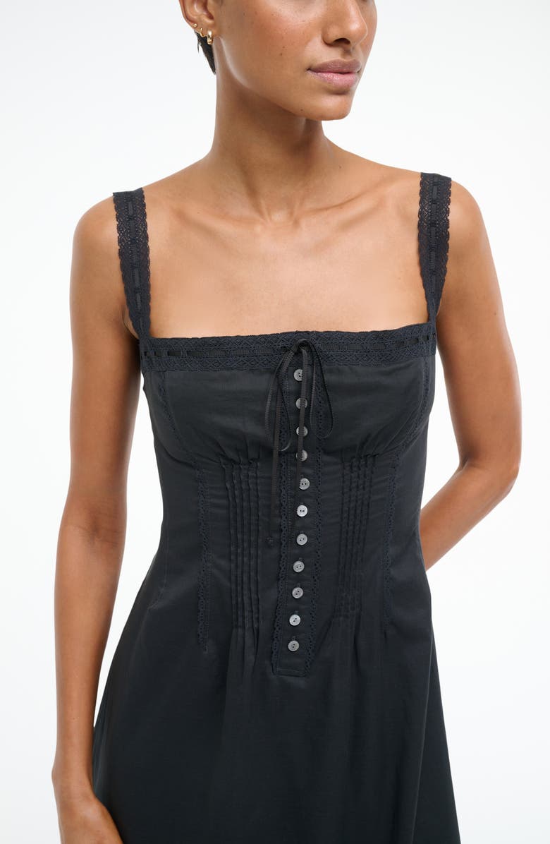 STAUD Matilde Lace Trim Midi Dress, Alternate, color, Black