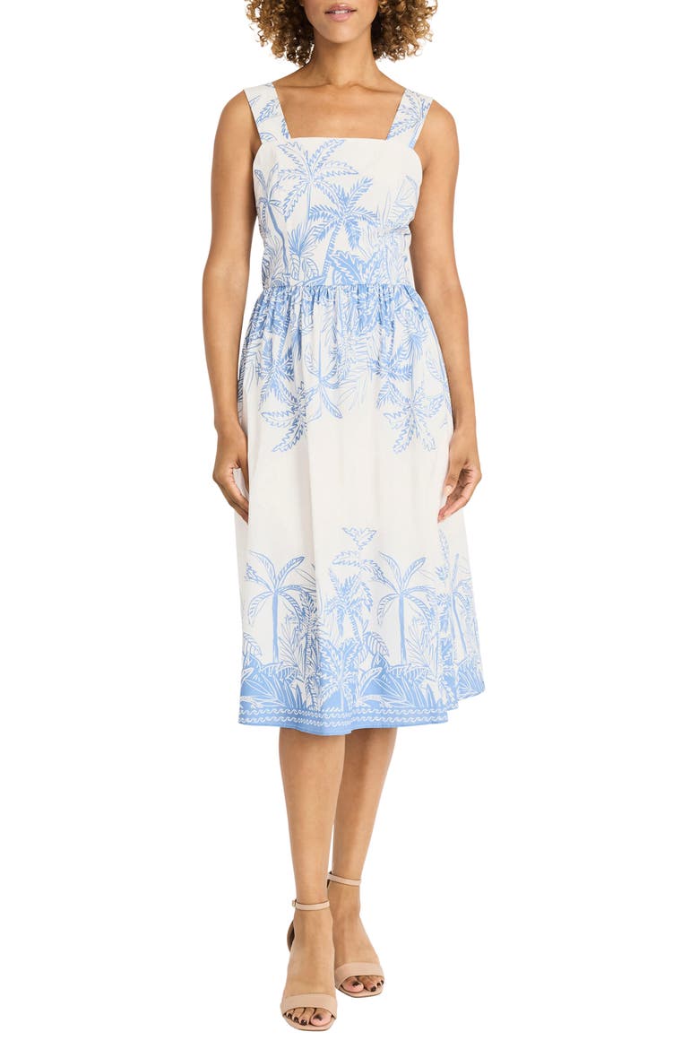 Palm Print Stretch Cotton Dress, Main, color, BLUE/ WHITE