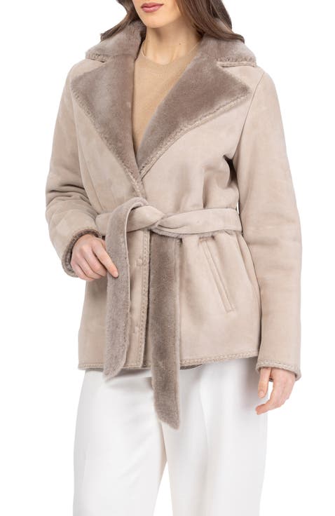 Genuine Shearling Belted Jacket with Whipstitch Trim