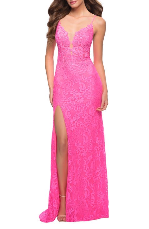 Stretch Lace Prom Dress in Neon Pink