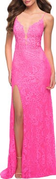 La Femme Stretch Lace Prom Dress in Neon Pink