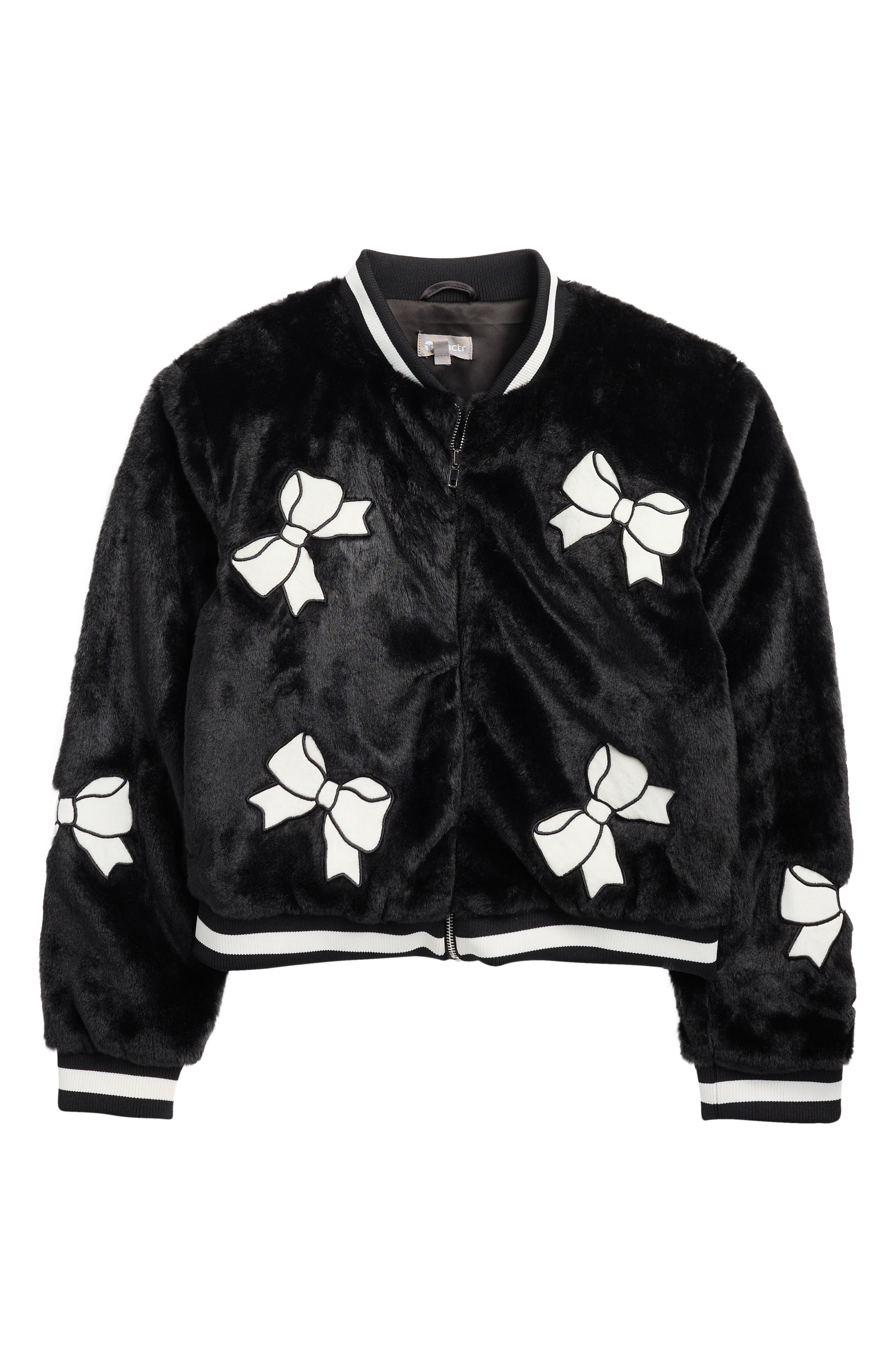 Tractr Kids' Bow Appliqué Faux Fur Bomber Jacket