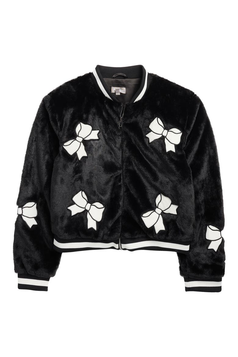 Kids' Bow Appliqué Faux Fur Bomber Jacket, Main, color, BLACK