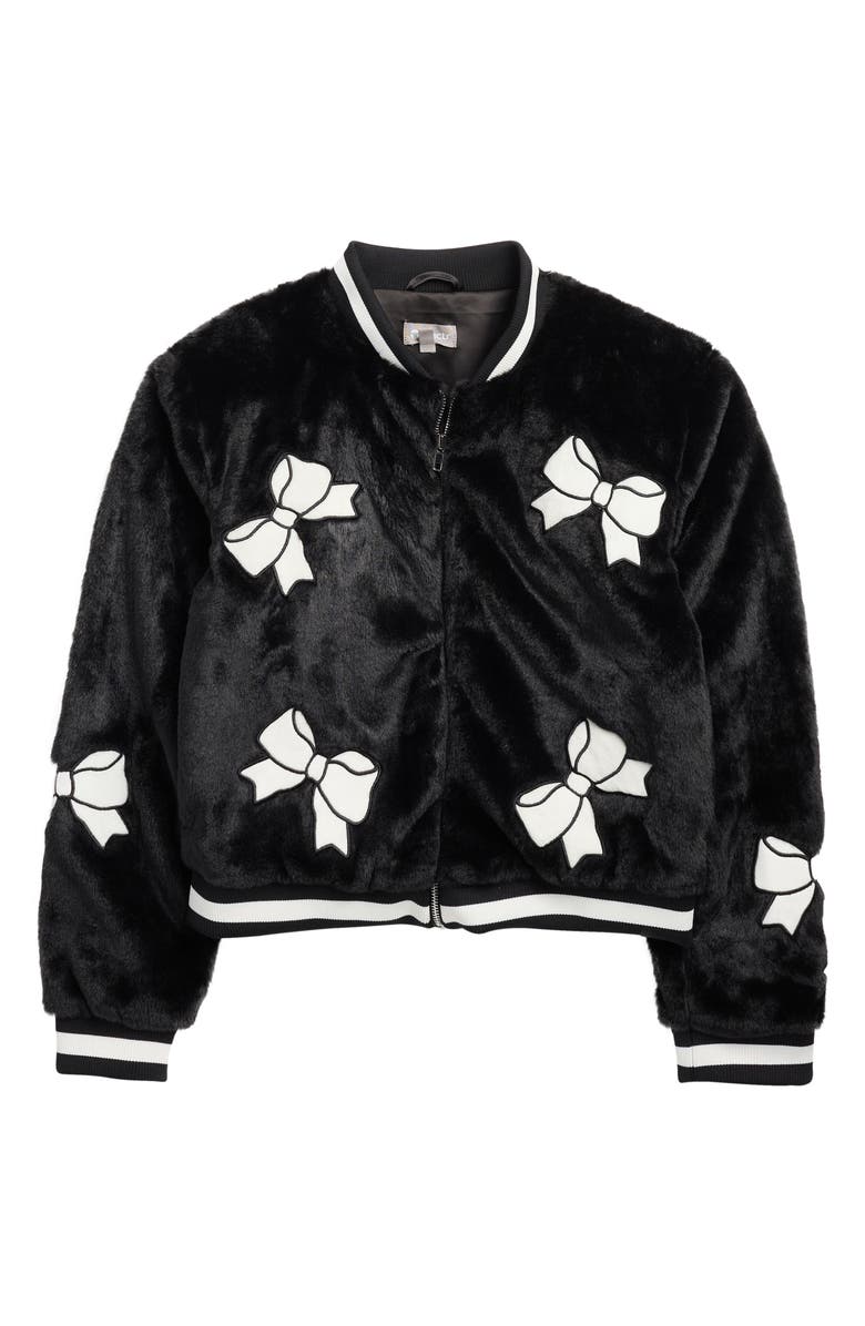 Tractr Kids' Bow Appliqué Faux Fur Bomber Jacket, Main, color, Black