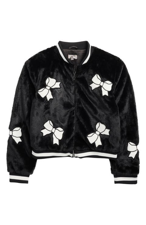 Kids' Bow Appliqué Faux Fur Bomber Jacket (Big Kid)